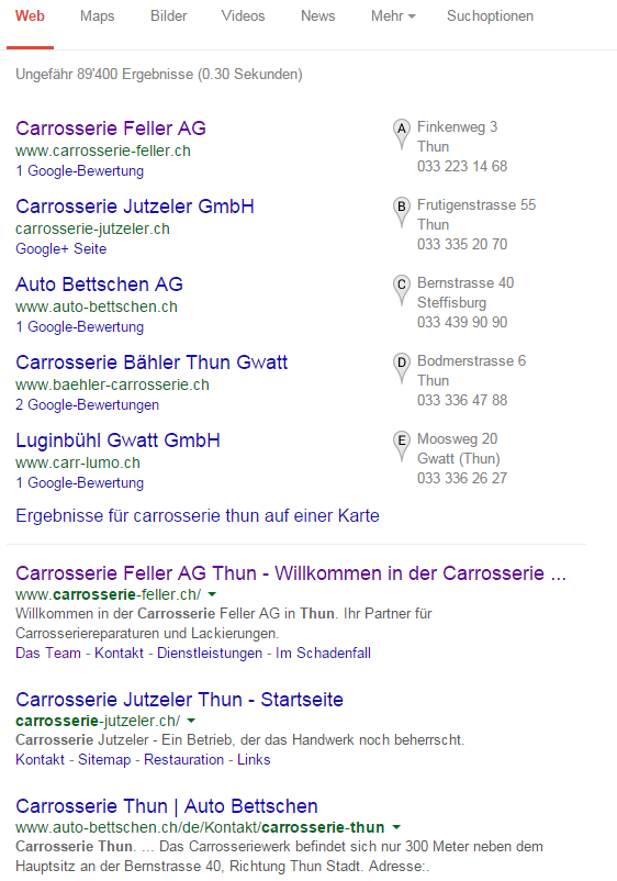 Auf Google Platz 1 ist Carrosserie Feller Thun